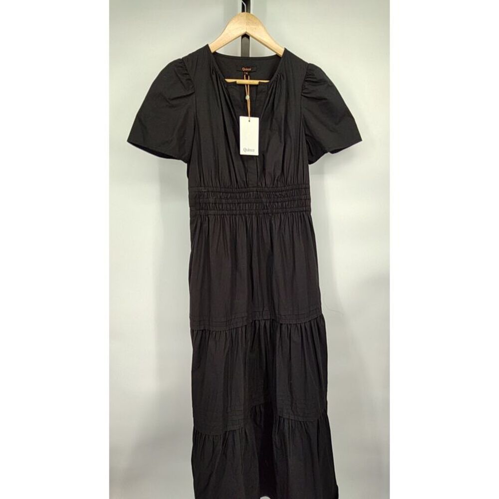 Quince Black Tiered Short-Sleeve Midi Dress